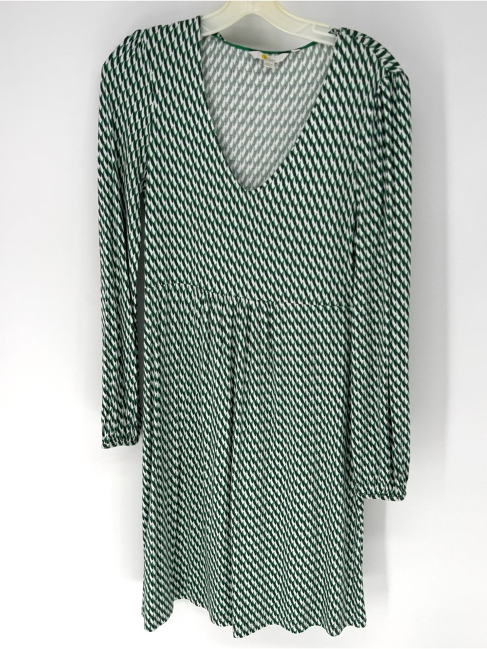 Boden Green and White Long-Sleeve V-Neck Dress